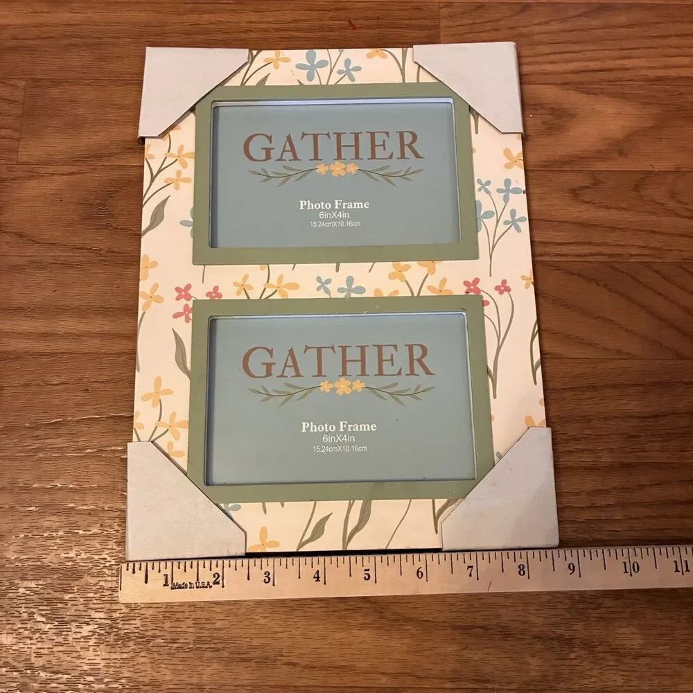 Gather Floral Double Frame Holds Two 6”x4” Photos. Green Trim. 8.5x11” Frame New
